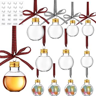 Kajaia 12 Pcs Christmas Fillable Ornaments,Booze Ball,50ml, 100ml, 150ml | Clear Plastic with Buffalo Plaid Ribbon, Holiday Stickers, Tree Pendants for Xmas Party Booze Candy Filling, 50ml Capacity