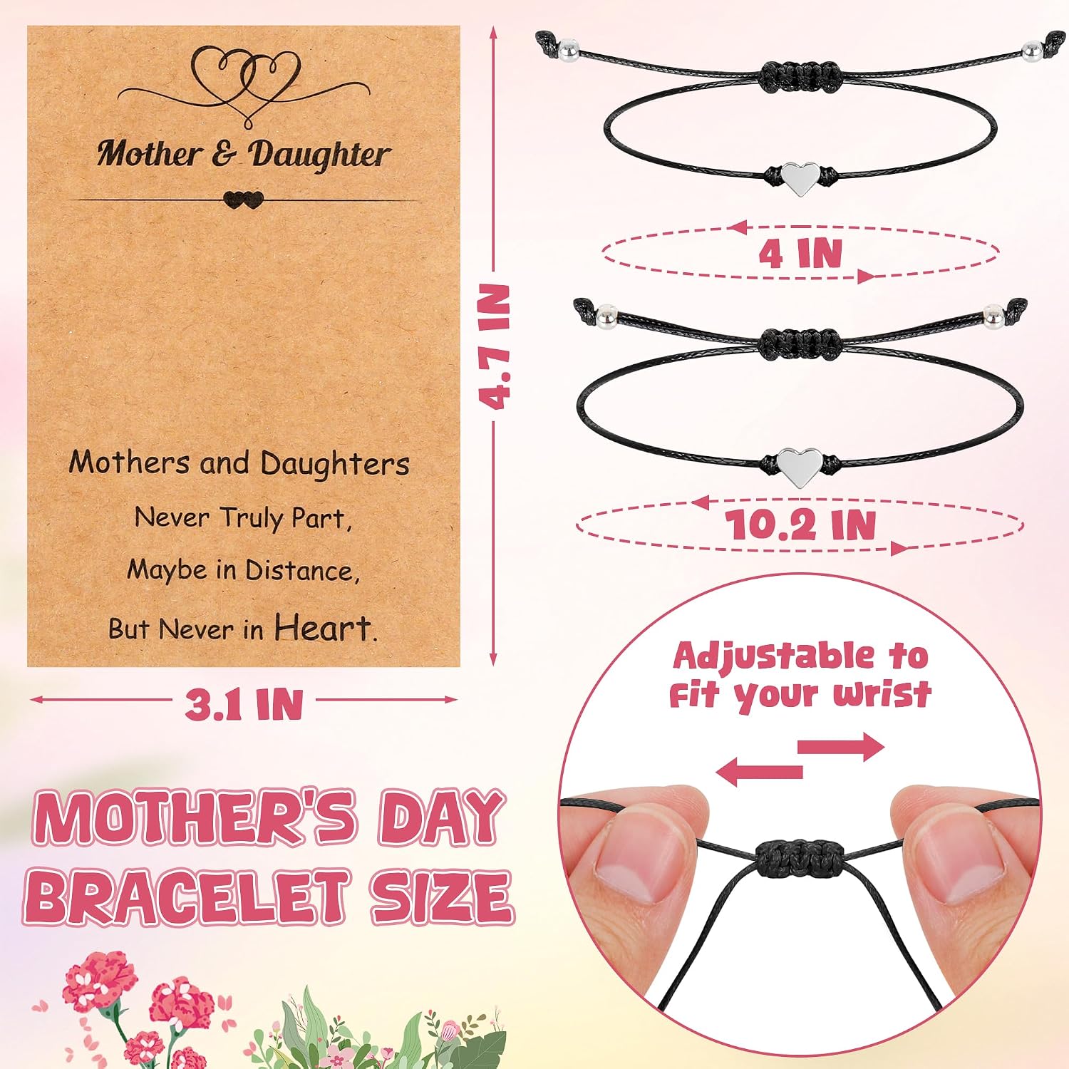 EOBOH Mother’s Day Gift Bracelets, Mother’s Day Bracelets Adjustable Hearts Mother Daughter with Card, Love Mothers Day Gifts for Grandma Daughter Accessories