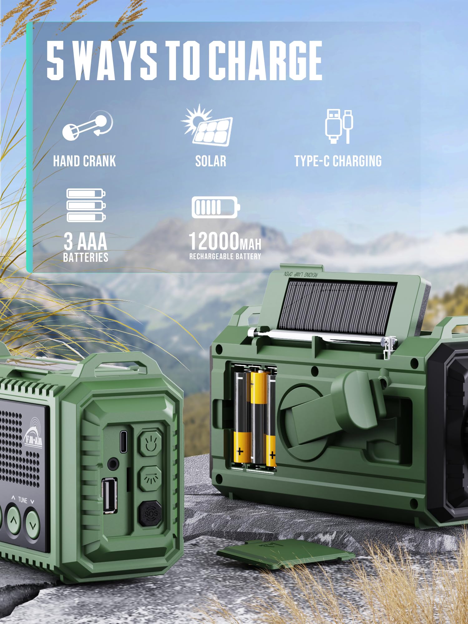 ROCAM FM/AM Wind Up Radio Solar, Emergency Survival Radio With 12000mAh Rechargeable Battery, Torch, Reading Light, Type C & USB Charging & SOS For Power Outages & Outdoor Camping