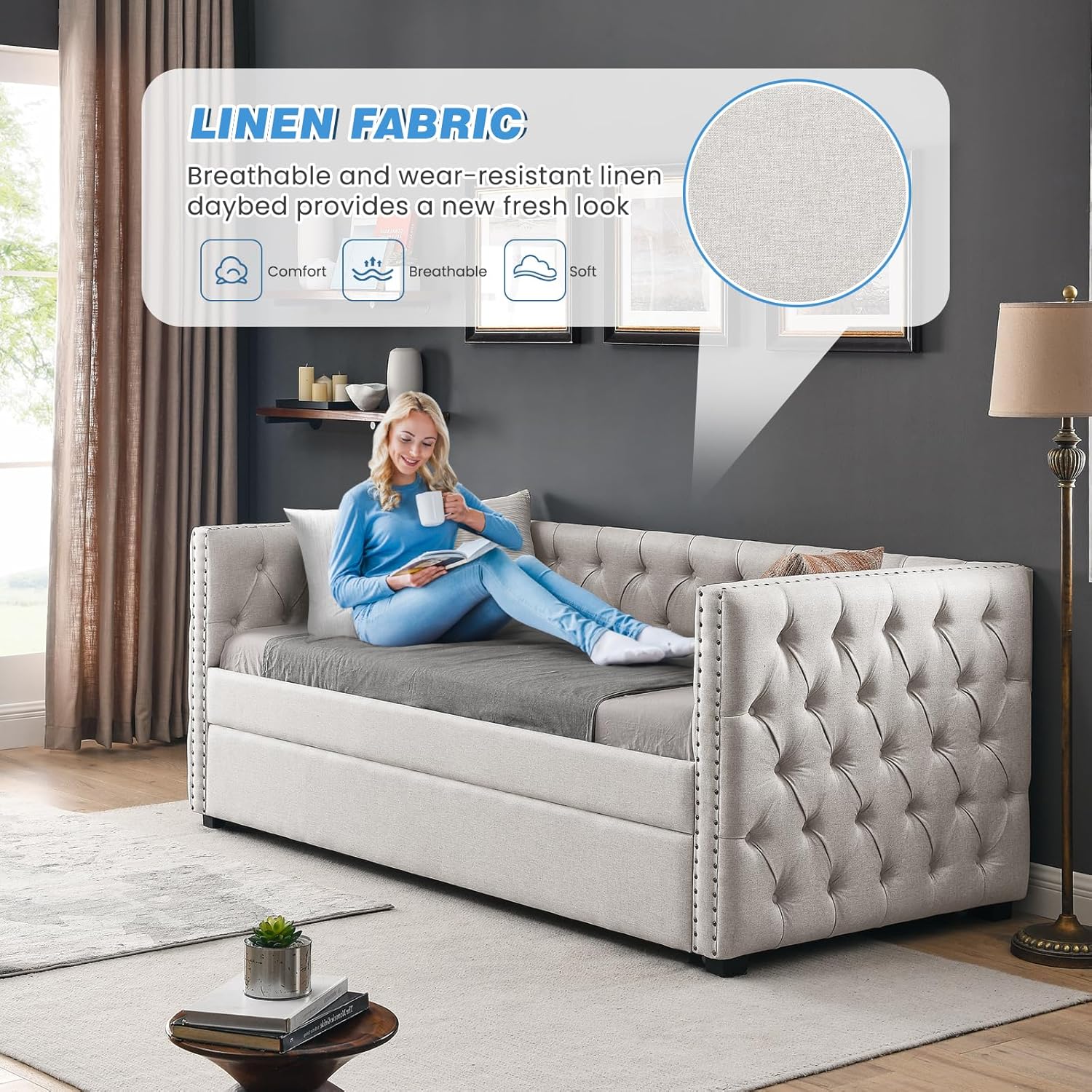 Antetek Daybed with Trundle, Upgraded Linen Upholstered Twin Size Day Bed Button-Tufted Sofa Daybed Frame with A Trundle,No Box Spring Needed,Furniture for Bedroom Living Room Guest Room (Beige, Twin)