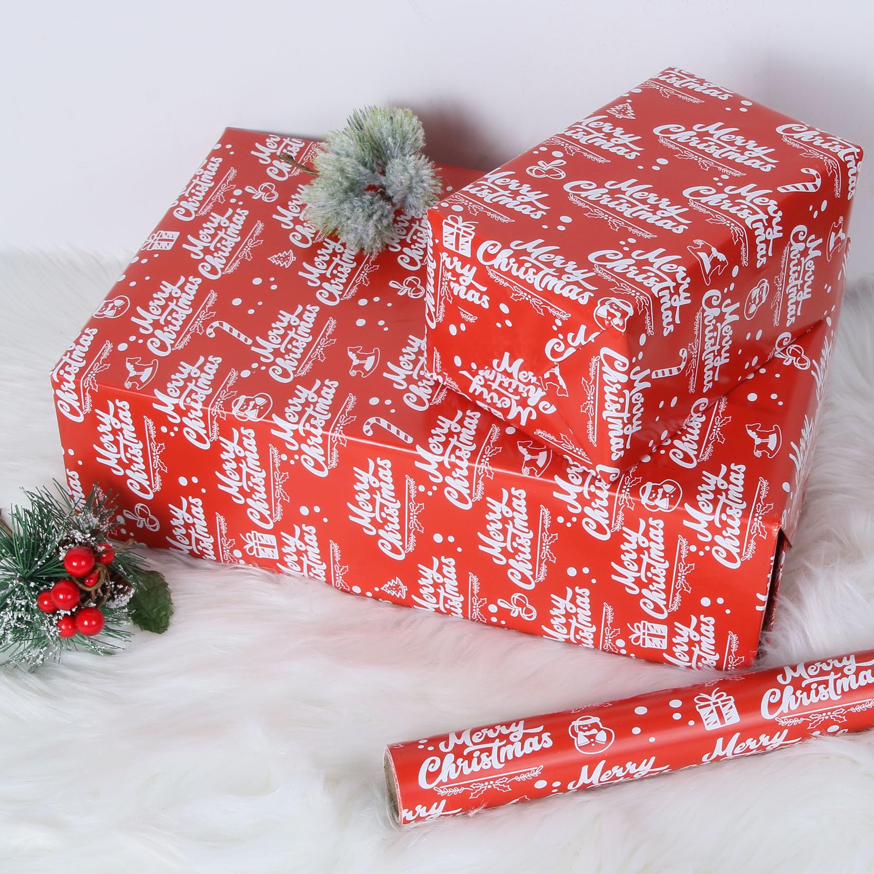 Aimyoo Rouleau de papier cadeau de Noël rouge Jumbo – Motif cheval à bascule, houx, Père Noël, 76,2 cm x 22 m