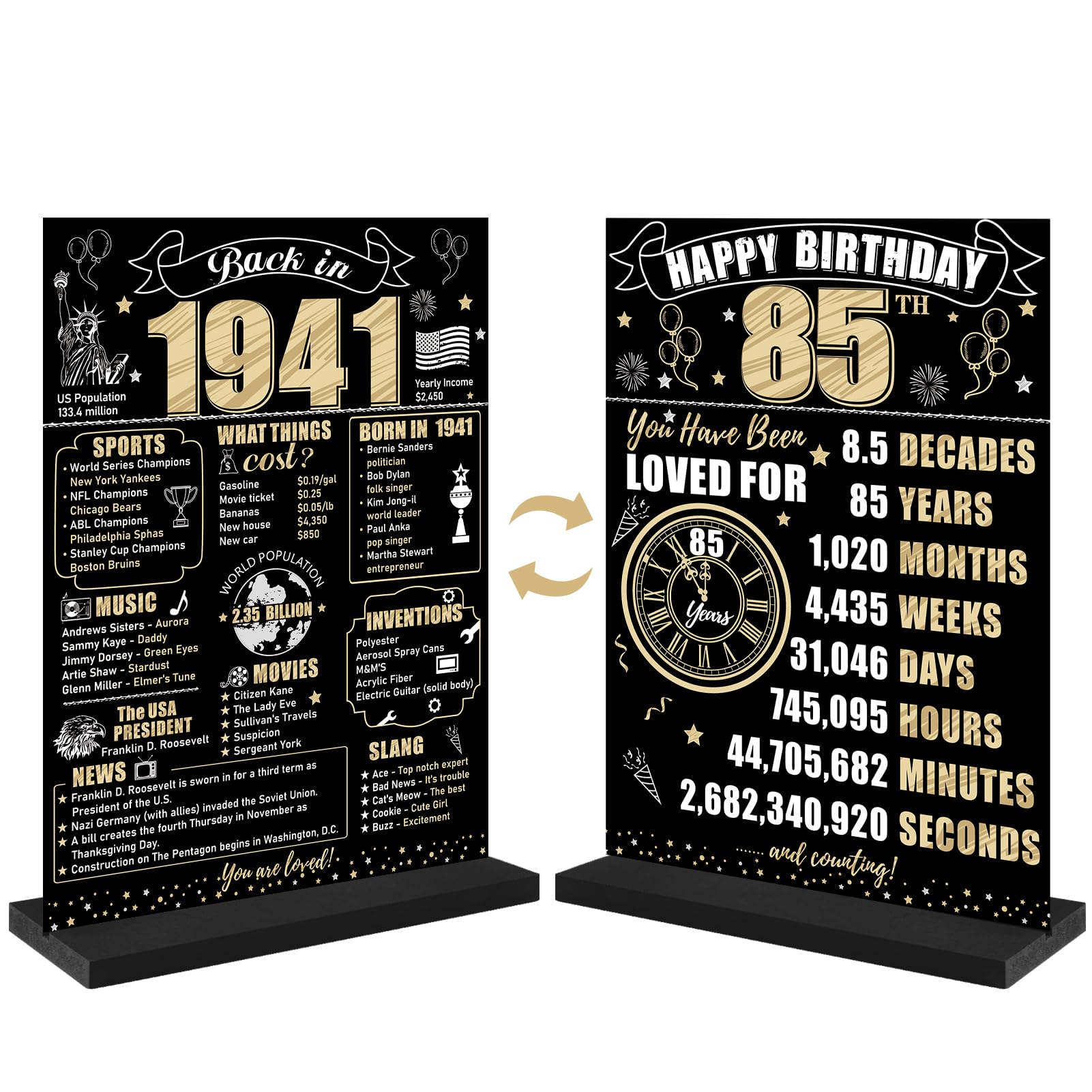 85th Birthday Decorations Back in 1941 Table Sign for Men Women, Black Gold Happy 85 Bday Two-Sided Wooden Table Poster with Stand Party Supplies,