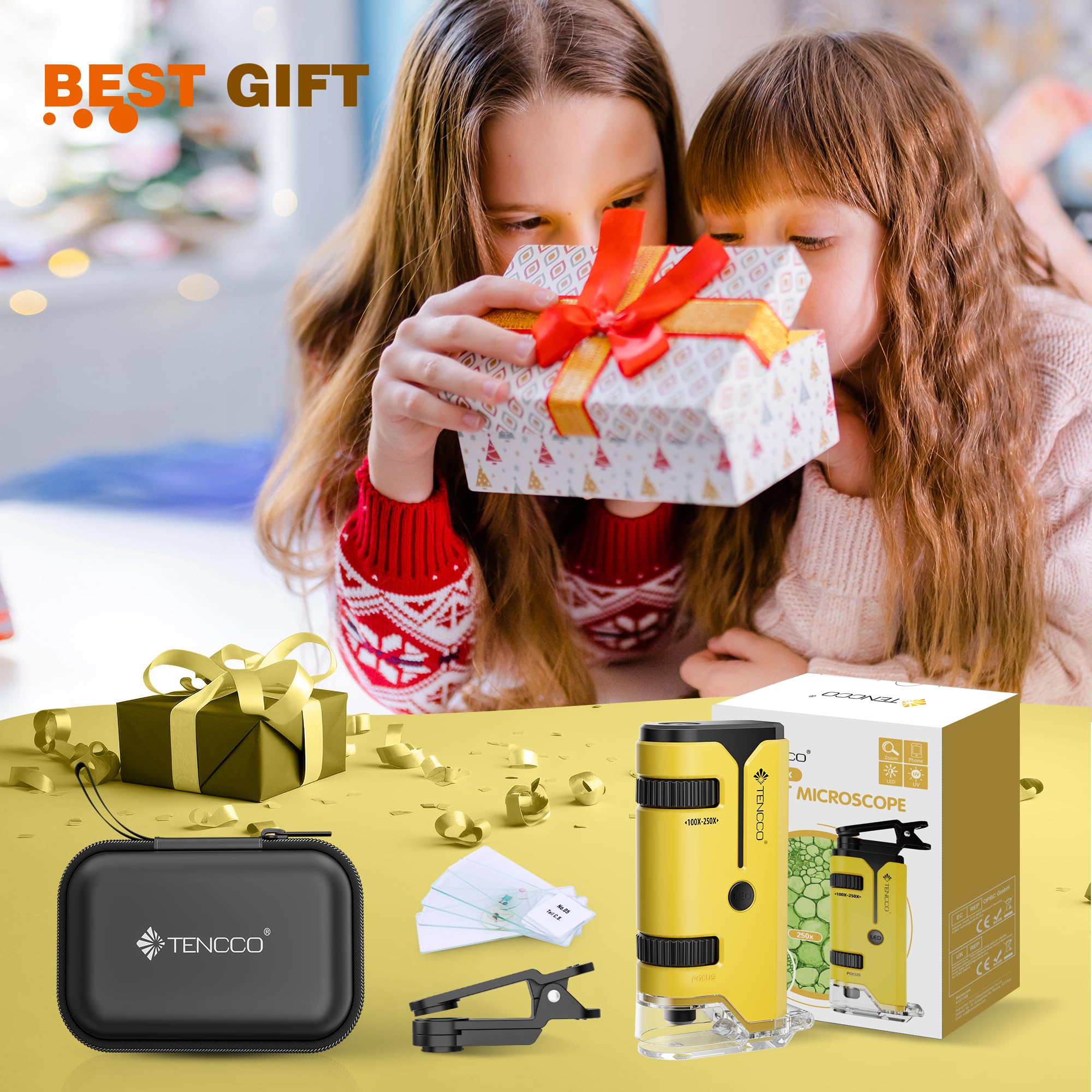 Mini Microscope de Poche 100x-250x pour Enfants Adultes, Microscope Portatif Main, Miniscope Portable pour Enfants Adultes, Scientifique Education, Jaune