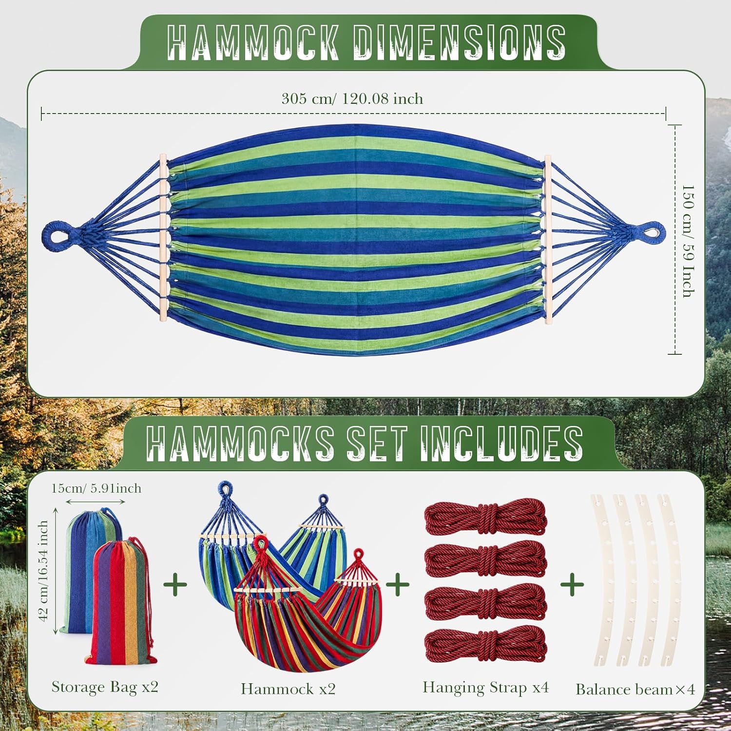 SATINIOR 2 Pack Canvas Portable Camping Hammocks for Outside, 660lb, Large 305 x 150 cm Metal Knot Hanging Hammock with 2 Carrying Bag 4 Tree Strap 4 Anti Roll Balance Beam for Patio Backyard Outdoor
