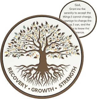 Tree of Life AA Sobriety Coin - Affirmation Sobriety Chips, Recovery Coins, AA Chip, Sober Coin w/Serenity Prayer – 2D Raised Textured Medallion Included w/Capsule, Card, Pouch, Gift Set