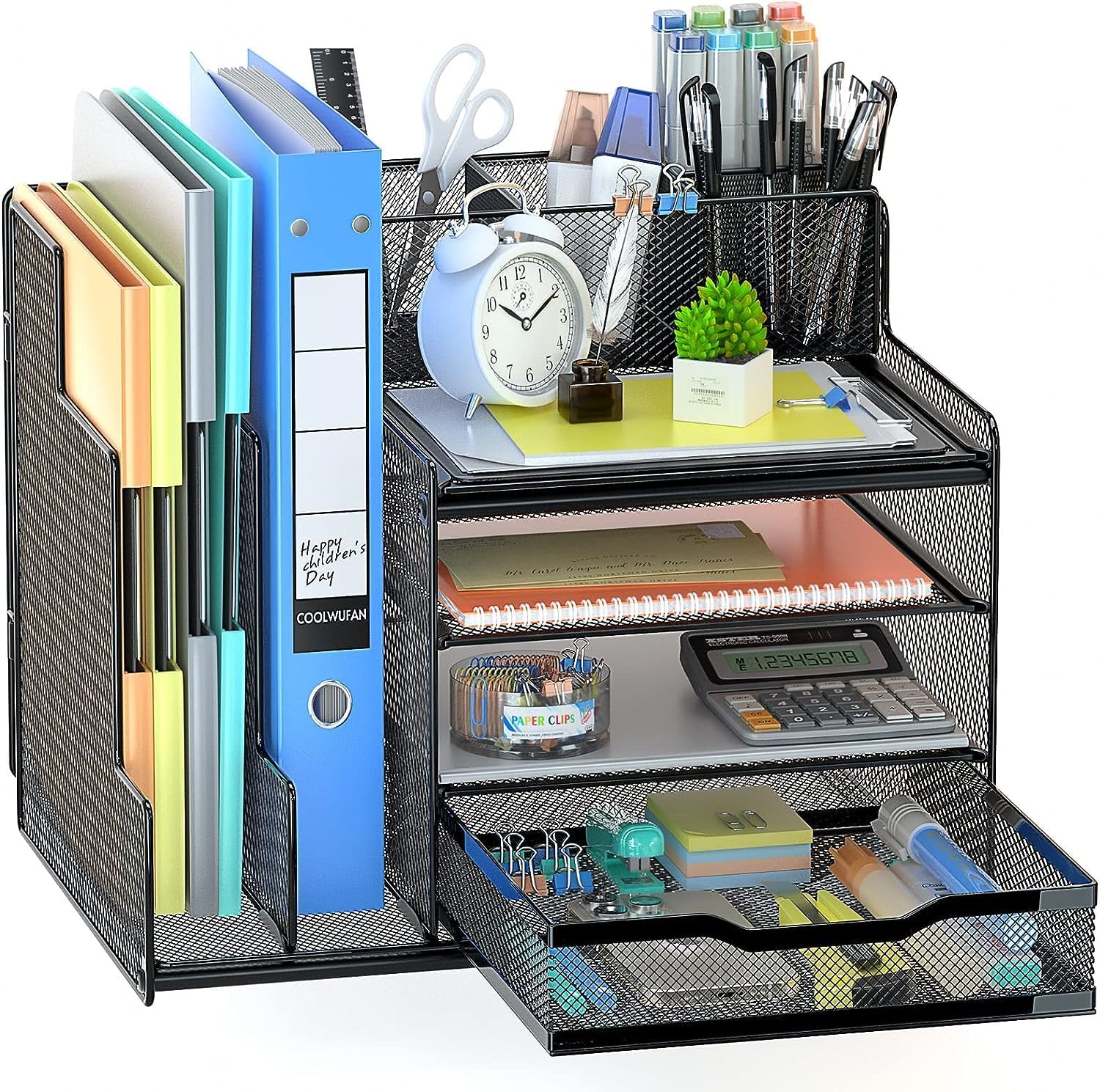 Office Desk Organizer with Vertical File Folder Holders,4-Tier Mesh Desk File Organizer with Drawer and Upright Pen Holder Multifunction Office Supplies and Storage