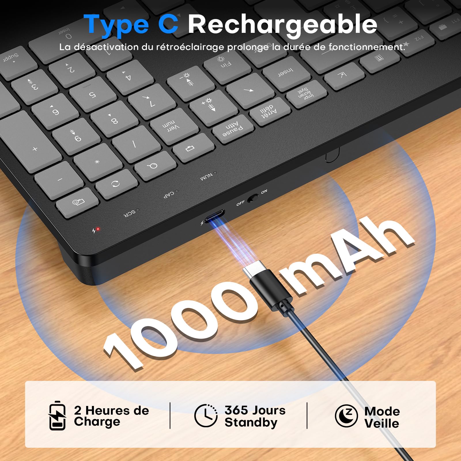 OMOTON Clavier sans Fil AZERTY Français, 2,4G Clavier Ergonomique Rechargeable avec Repose-Poignet, Wireless Keyboard Rétroéclairé, Compatible PC Windows/Linux, Idéal Bureau, Gris Graphite