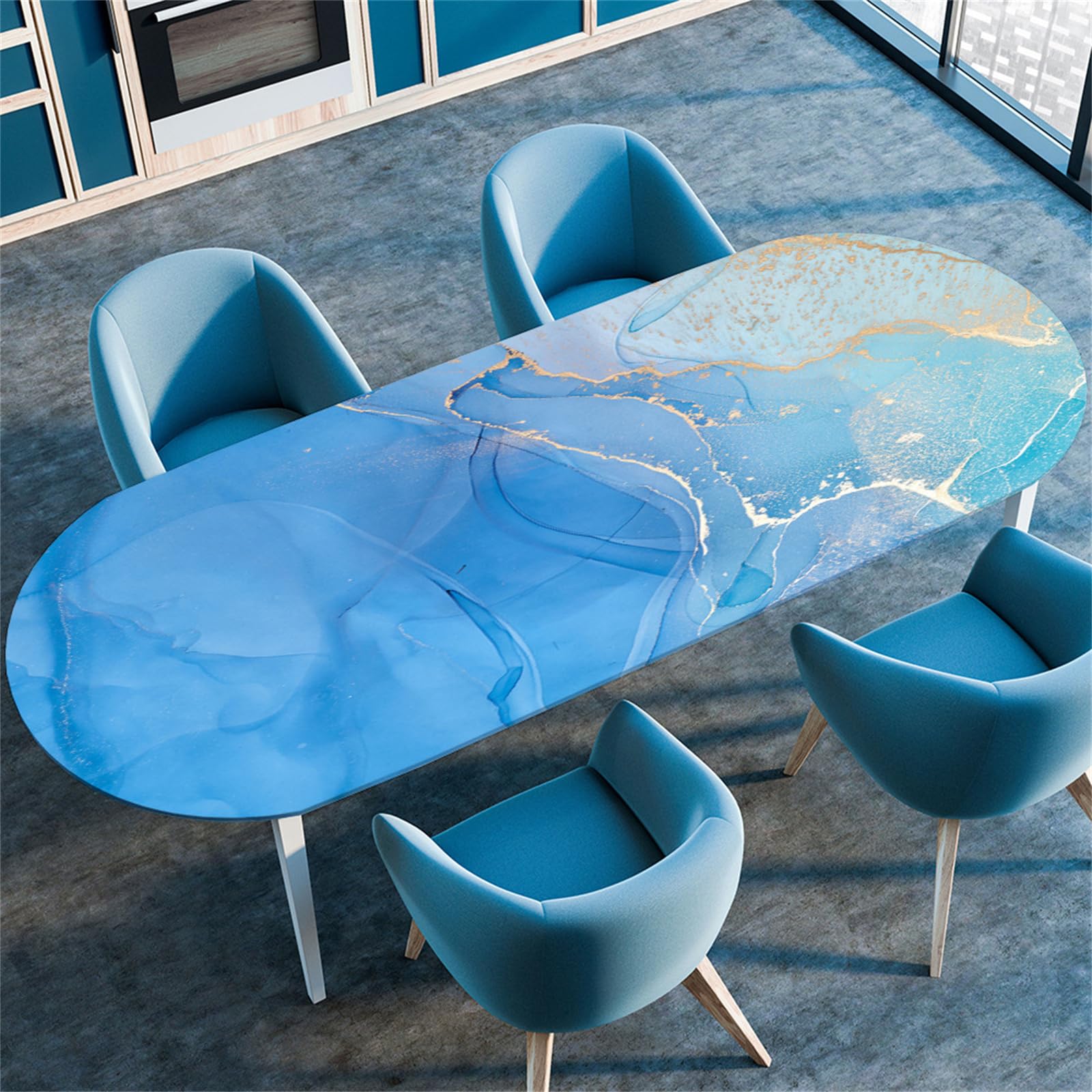 Treer Marble Print Oval Fitted Tablecloth, Antifouling Table Cloth Wipe Clean Tablecloth,Tablecloths with Elastic Edge,for Kitchen Dinning Outdoor Oval Tablecloth (107x173cm/42 x68,Blue)