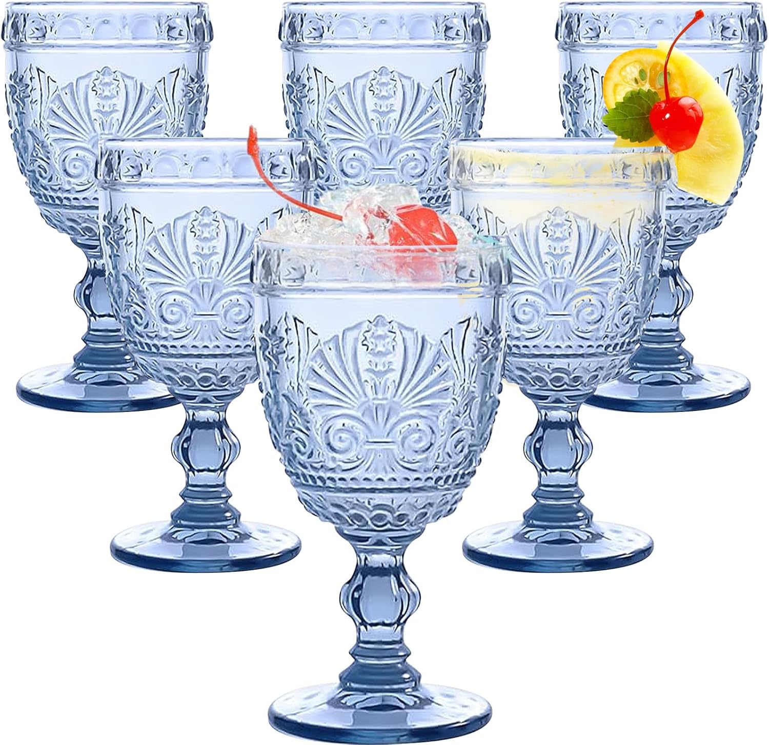 6 Pcs Goblet Glasses 10 oz Wine Glasses, Drinking Glasses Colored Retro Embossed Water Goblets For Wine Juice Baby Shower Wedding Reception Grand Event Party, Dishwasher Safe (Blue)