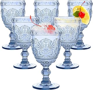 6 Pcs Goblet Glasses 10 oz Wine Glasses, Drinking Glasses Colored Retro Embossed Water Goblets For Wine Juice Baby Shower Wedding Reception Grand Event Party, Dishwasher Safe (Blue)