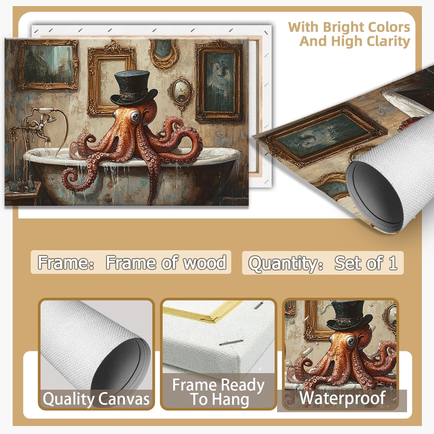 Funny Bathroom Wall Art Goth Octopus in Bathtub Posters Whimsical Room Decor Cool Nautical Canvas Animal Print Pictures Ocean Themed Aesthetic for Dorm Apartment Toilet Restroom House 12x16in Framed