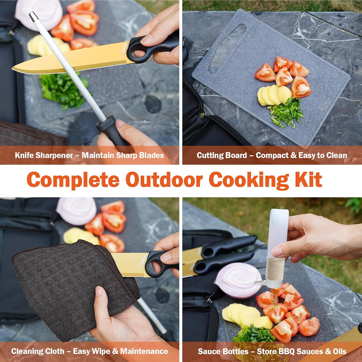 Outdoor Santoku Knife Set – 3 Titanium-Coated Knives with Grip Ring Handles, Sharpener, Cutting Board, Seasoning Bottles & Travel Case – Portable BBQ, RV & Beach Cooking Kit