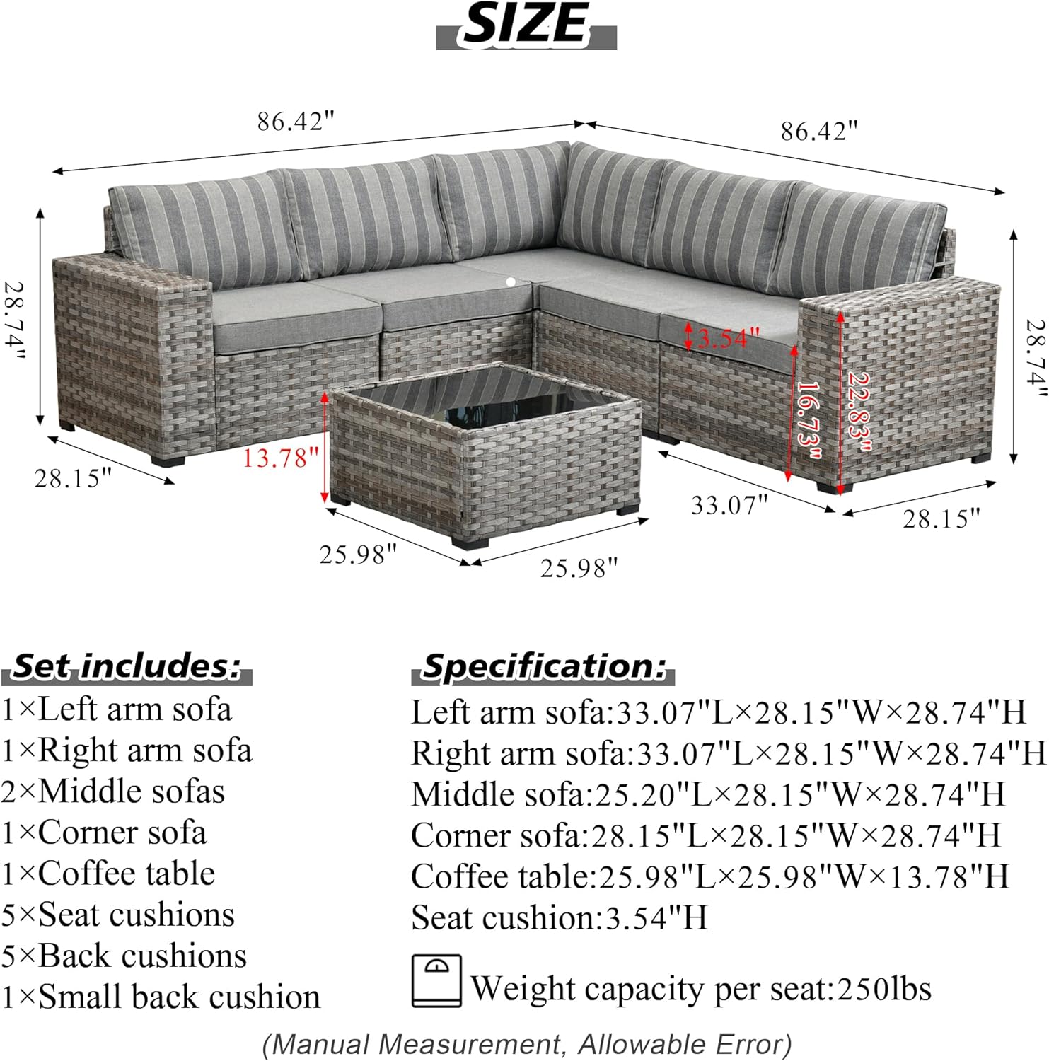 6-Piece Outdoor Patio Furniture Set, All-Weather Wicker Sectional Sofa with High Density Sponge Cushions and Glass Top Coffee Table, Modular Rattan Couch Set for Garden, Deck (Dark Grey Stripes)