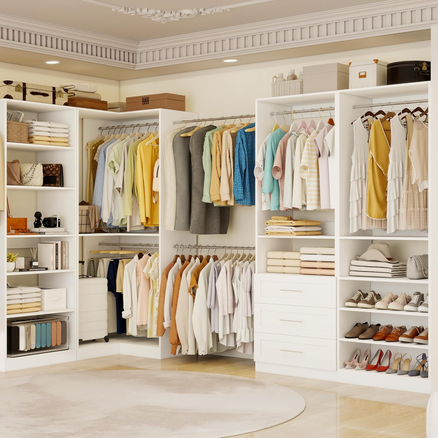 Closet System with 3 Drawers, 8FT Closet Organizer System with Adjustable Shelves & Expandable Hanging Rods, Corner Closet Storage Organizer, Modular Closet System for Walk-in Closet with 4 Sets,White