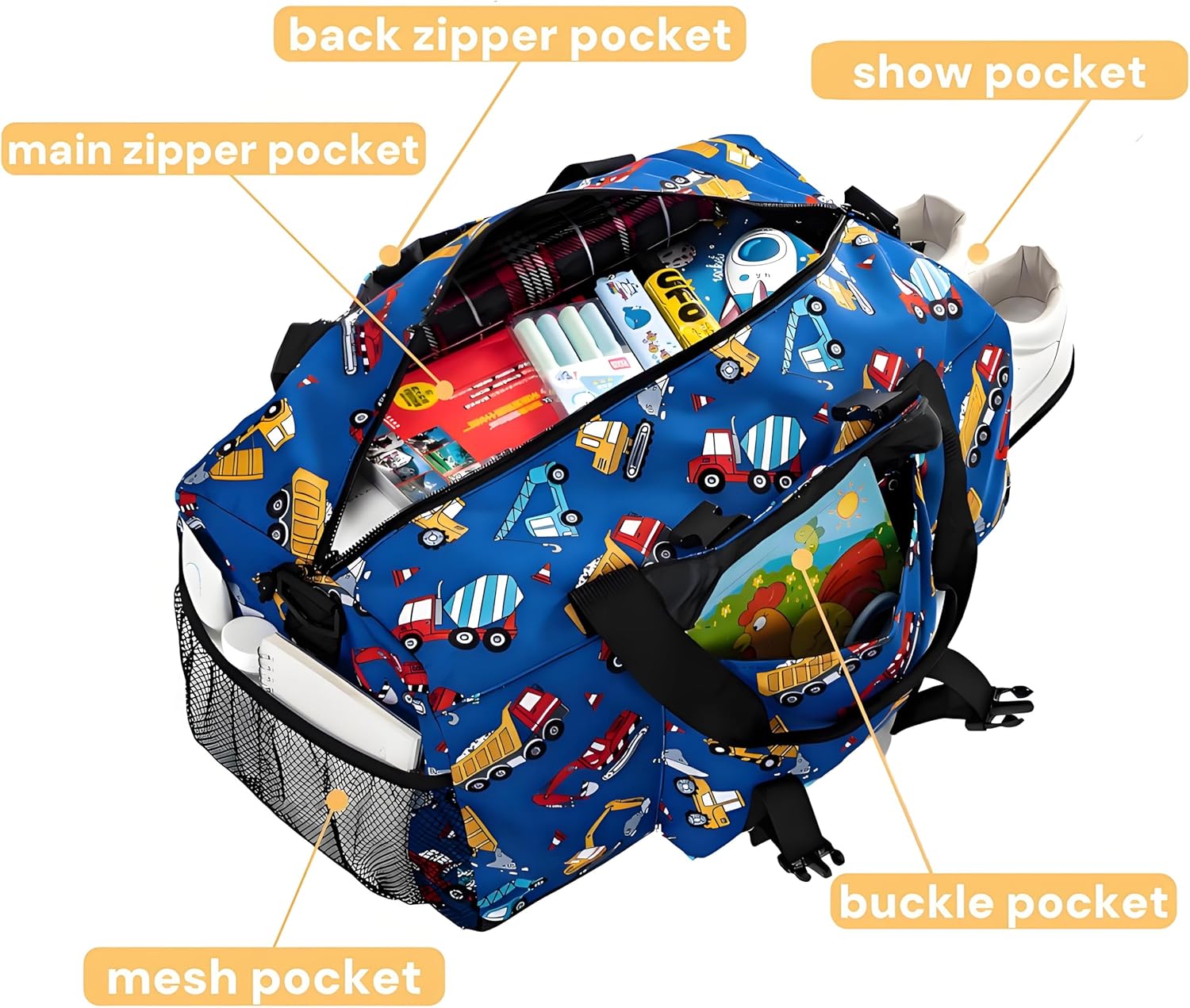 Gym Travel Duffle Bag, Carry On Gymnastics Sports Dance Bag with Shoes Compartment, Cartoon Car Pattern Overnight Weekender Bags for Fitness, Workout - Image 2
