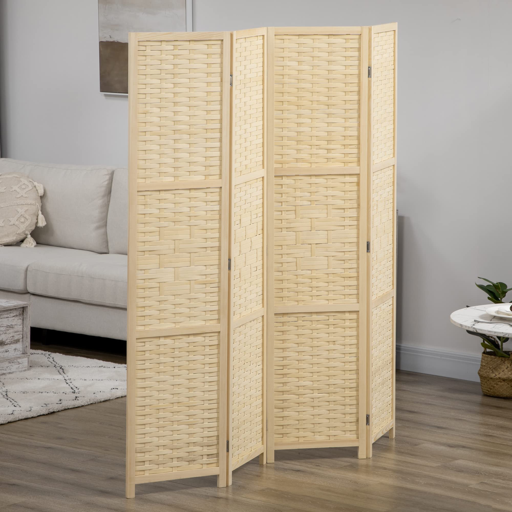 HOMCOM Paravento da Interno a 4 Ante in Legno e Bambù Intrecciato, Separé Divisorio Pieghevole Salvaspazio, Altezza 170cm, Naturale