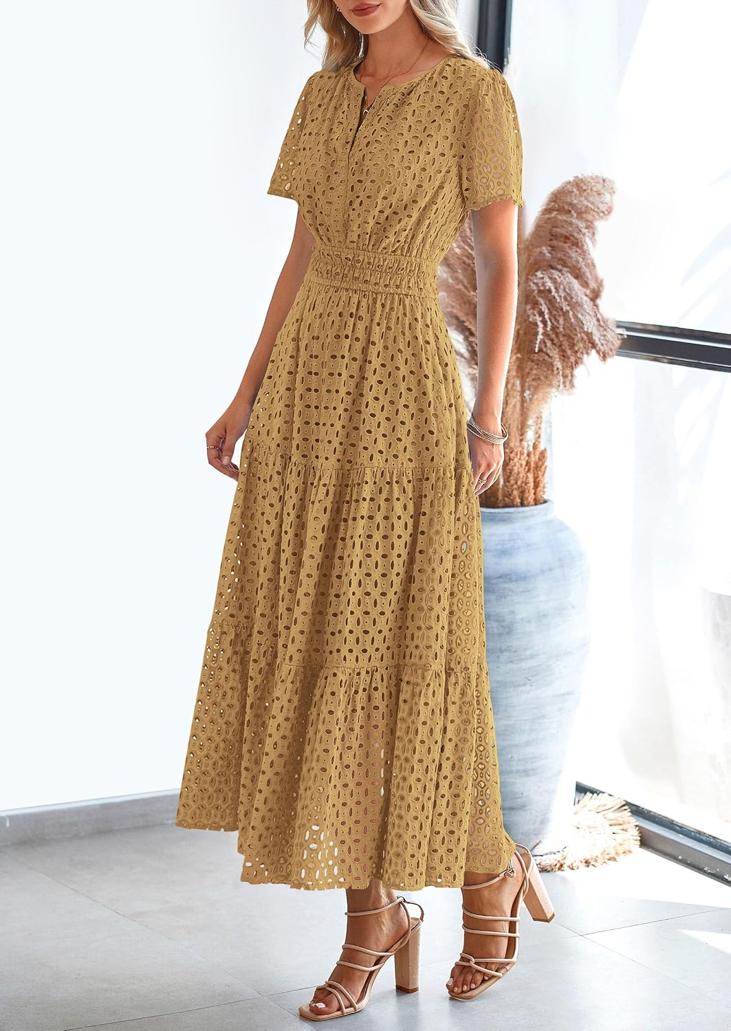 PRETTYGARDEN Womens 2026 Summer Maxi Dress Short Sleeve V Neck Hollow Out Eyelet A Line Long Flowy Beach Vacation Dresses thumbnail