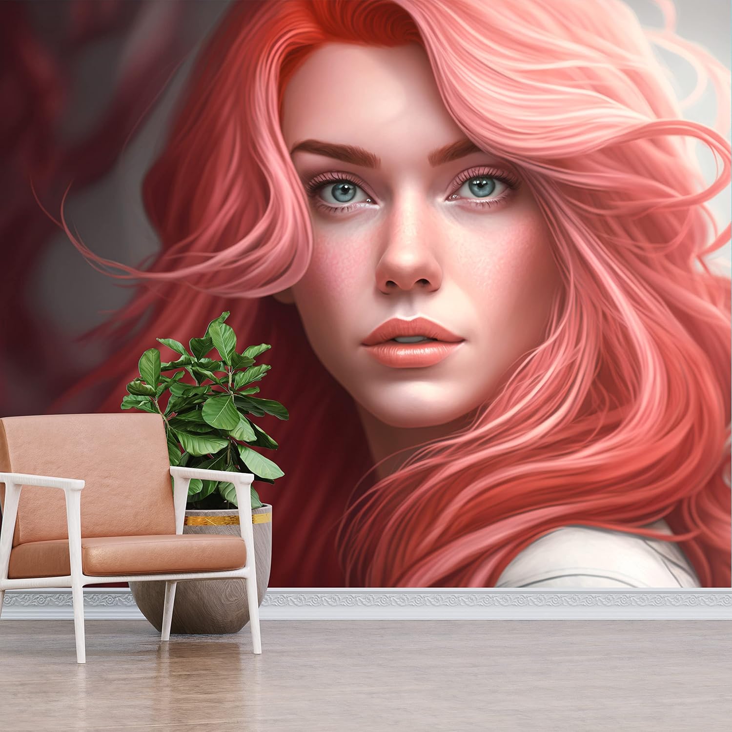 Long Pink Hair Women Hairdresser Wall Mural Wallpaper - Beauty Salon Decor and Makeup Studio Decal - Vinyl Wall Art Stickers- Peel and Stick Poster (Peel and Stick, 79''Wx79''H)