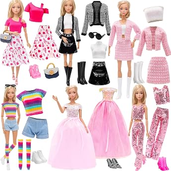 Barwawa 11.8 inches (30 cm) Doll Clothes, Doll Dresses, Set of 15 = 6 Clothes + 6 Pairs Shoes + 3 Accessories such as Sunglas