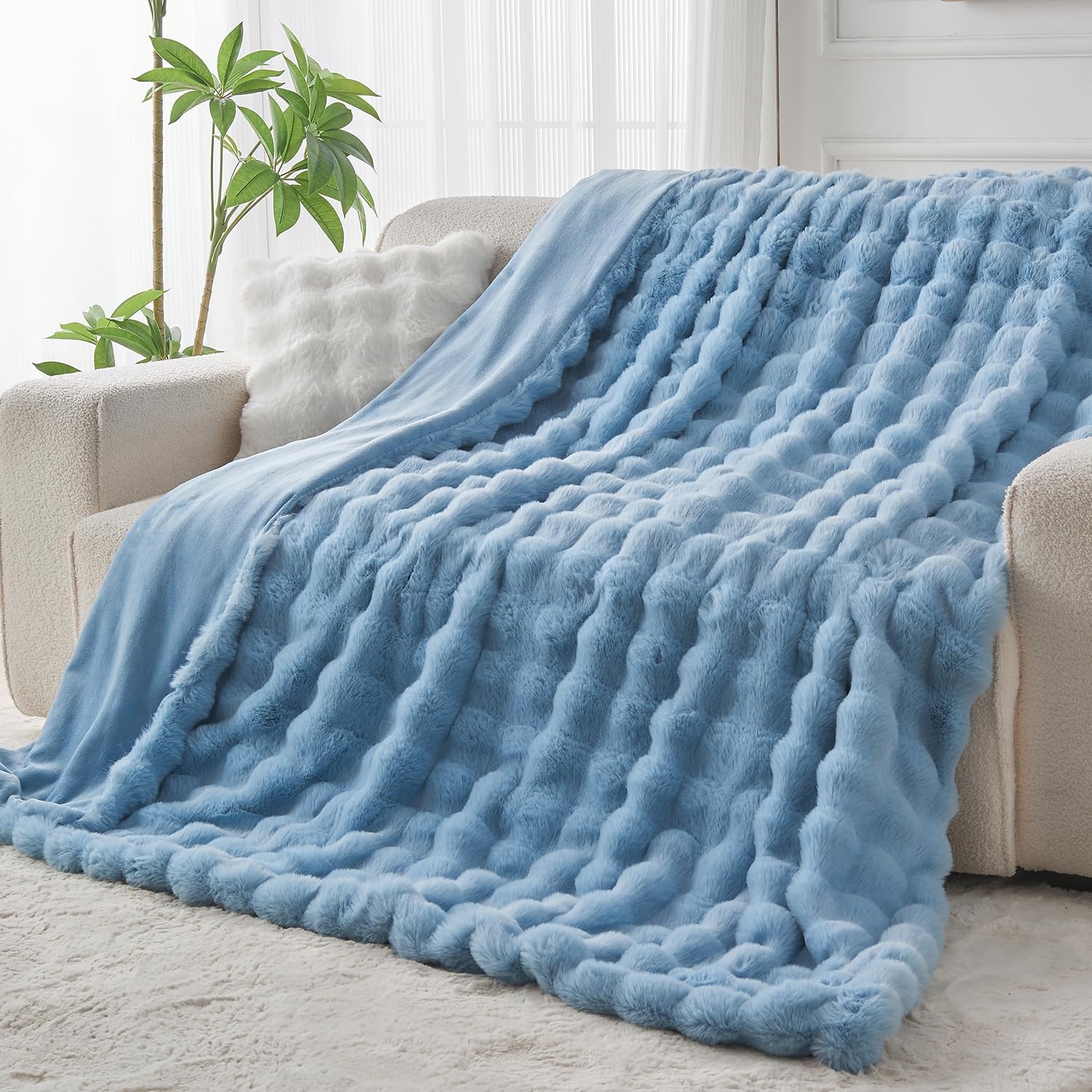 Lotus Karen Faux Fur Throw Blanket Sky Blue - Big Bubble Rabbit Fluff Blanket for Couch Bed Sofa,Softest Fluffy Fuzzy Cozy Blanket,Thick Furry Plush Shaggy Warm Blankets for Women,60x80 Inches - Image 6