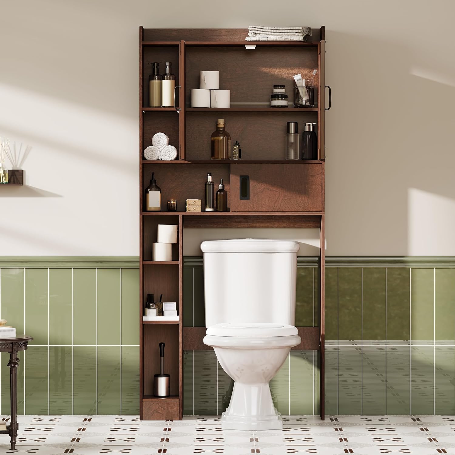 Interior view of ChooChoo Over-the-Toilet Storage Cabinet showing adjustable shelves