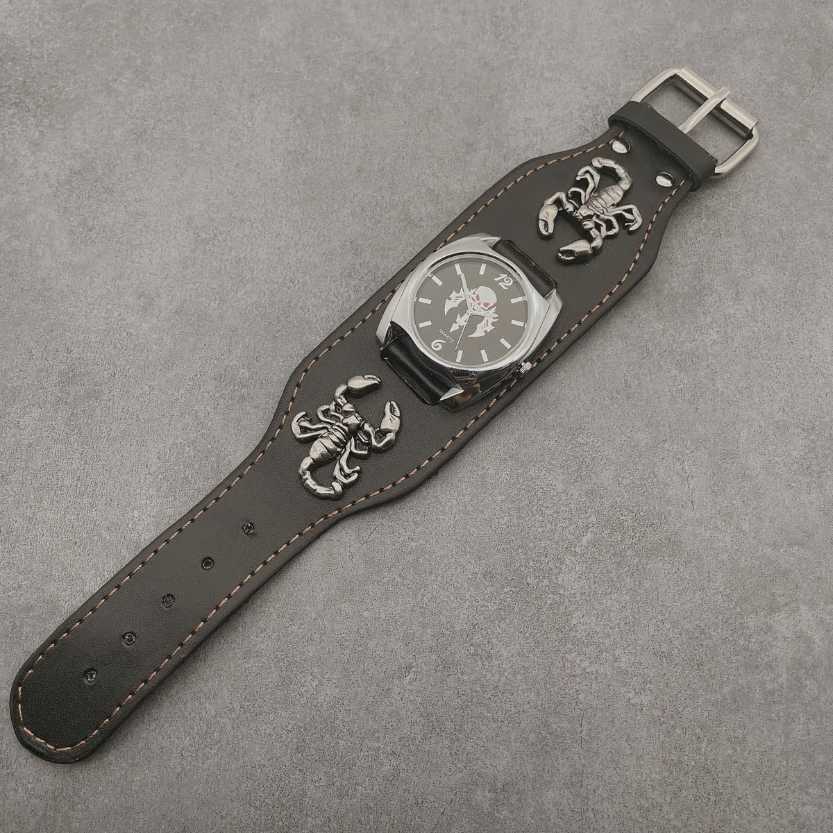 Reloj punk Scorpion Skull para hombres y mujeres, reloj de pulsera de cuero ancho negro, estilo fresco, reloj de locomotora de roca, Punk 5