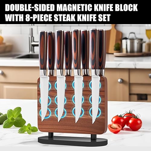 Miniatura 7 de Juego de 8 cuchillos de carne dentados con soporte magnético para cuchillos, cuchillo japonés de acero inoxidable de alto carbono y soporte