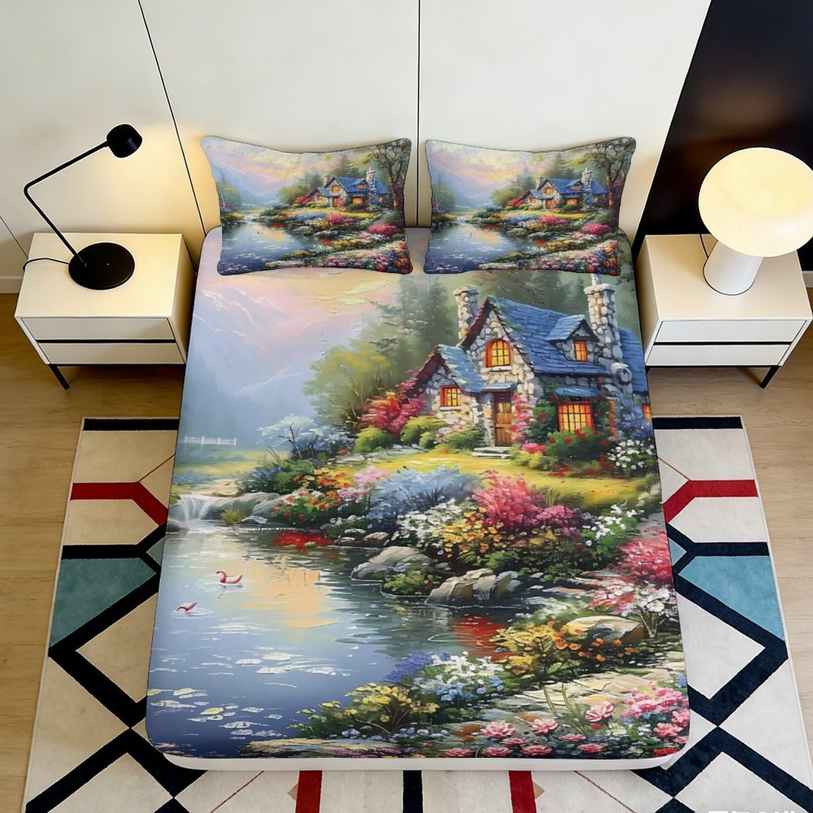 Pnayamiorkfel Style-3 3D Printed Cottage Garden Fitted Sheet Microfiber Soft Scenic Lake Bed Cover For Bedroom Dorm Mattress Protection Decor 90X200x25cm