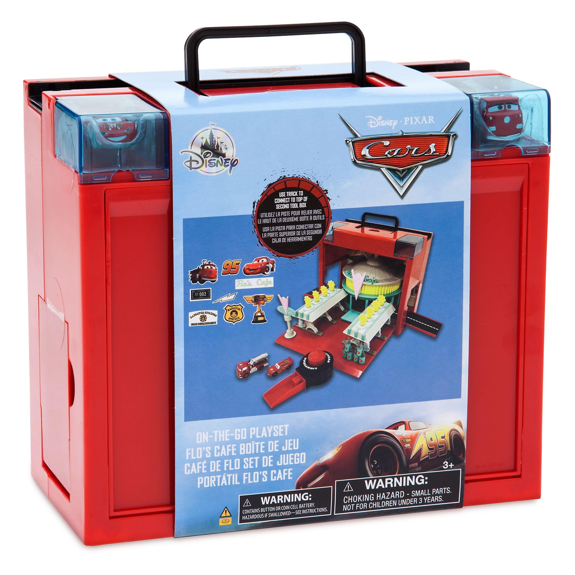 Disney Store Official, Pixar Cars, Set Juego portátil, 13 Piezas, café V8 de FLO, Set con 2 Coches, Rayo Mcqueen y Red, maletín de Caja de Herramientas, Pegatinas y más, Mayores de 3 años