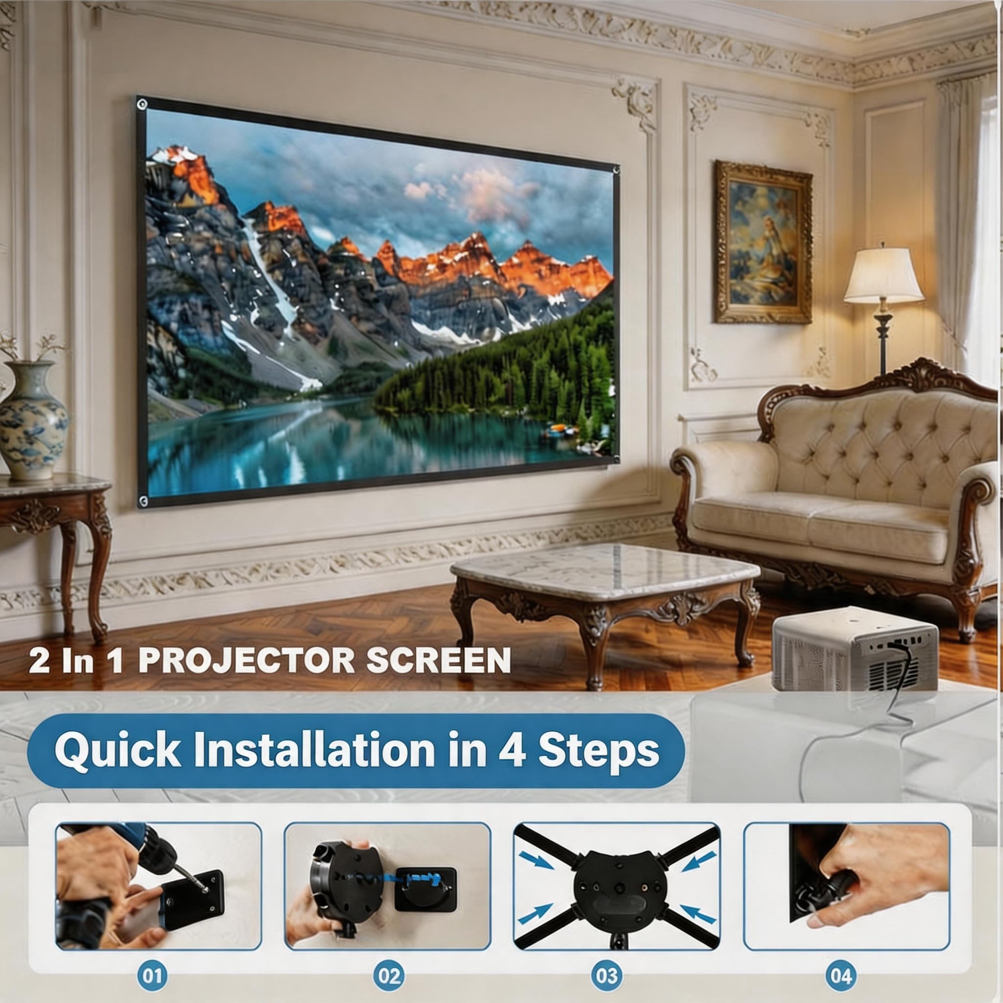 WASJOYE Telo Proiettore Con Treppiede,80 pollici 16:9 Schermo Proiettore,4K HD,Design resistente al vento, con corda e picchetti inclusi,idea per Festa in famiglia, Film all’interno e Esterno.
