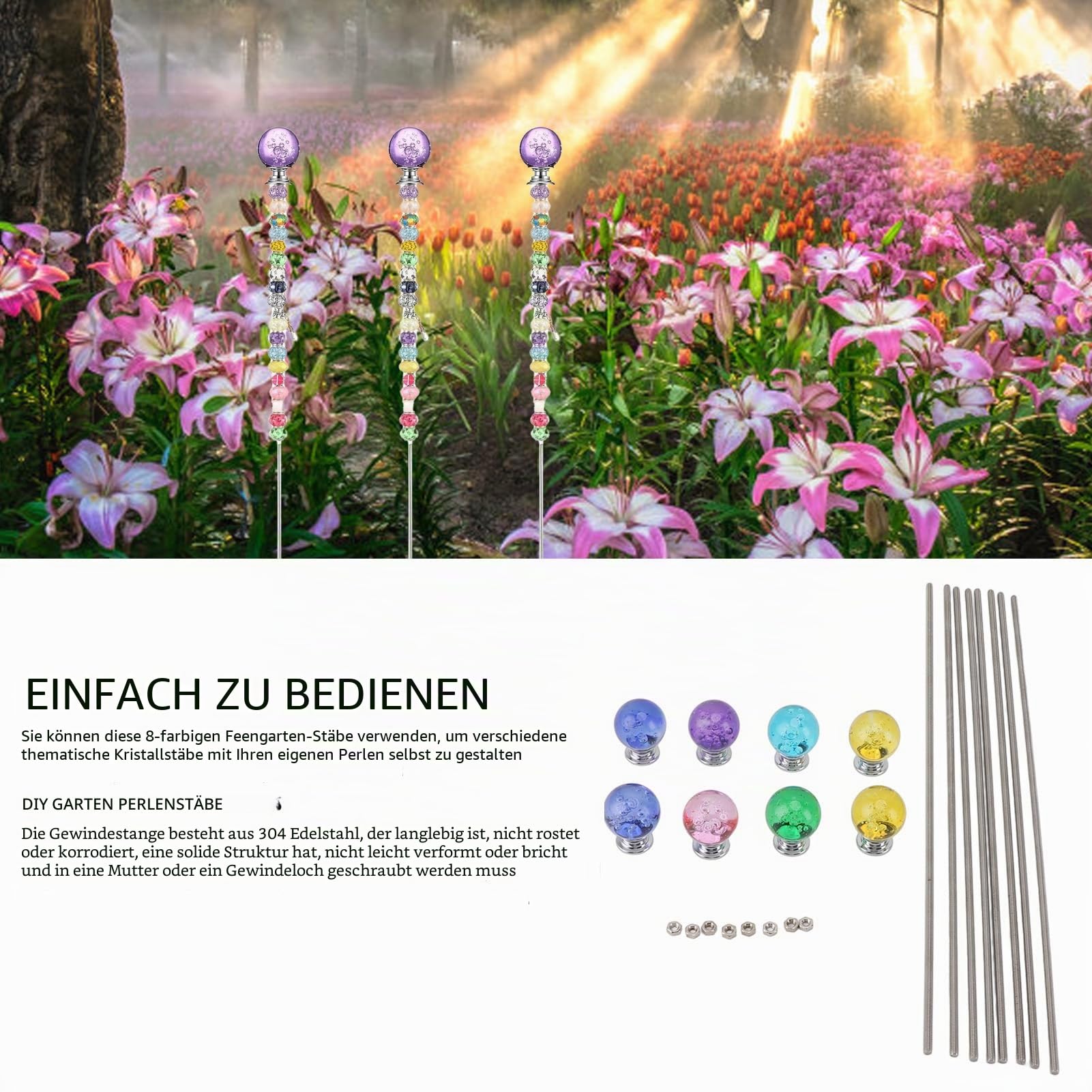 8 Stück Gartenpfähle mit Perlen, Feenstab Perlen Gartenstecker Zauberstäbe Kit mit Kristallstopper Oben, Edelstahl-Gewindestangen, Gartenstecker, Kunsthandwerk für die
