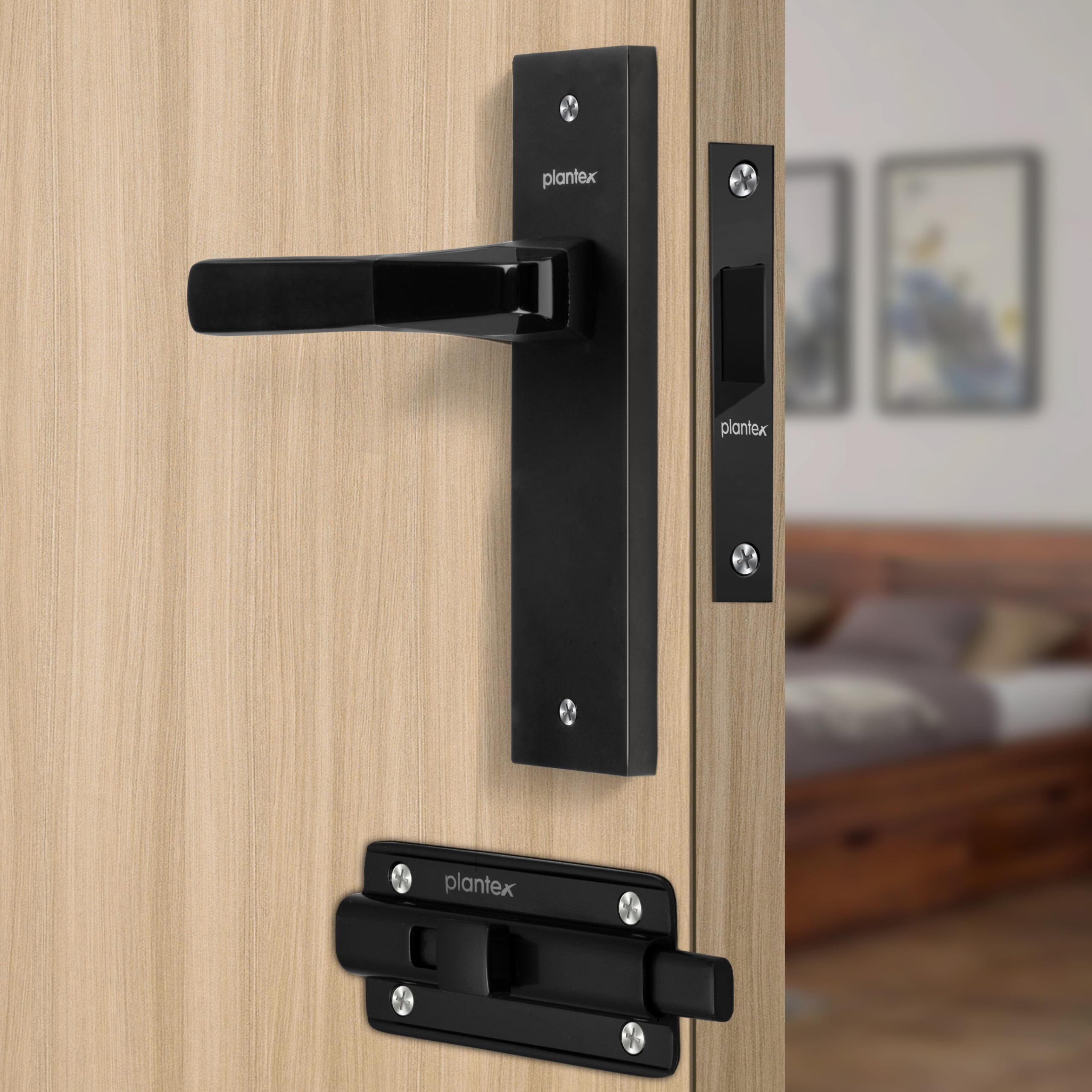 Plantex Heavy Duty Door Lock β Bathroom Door Lock/Mortise 8inch Keyless Plate Handle Set for Home/Bathroom/Store Room/Balcony/Office with Baby Latch (8114, DC-Black & Z-Black)