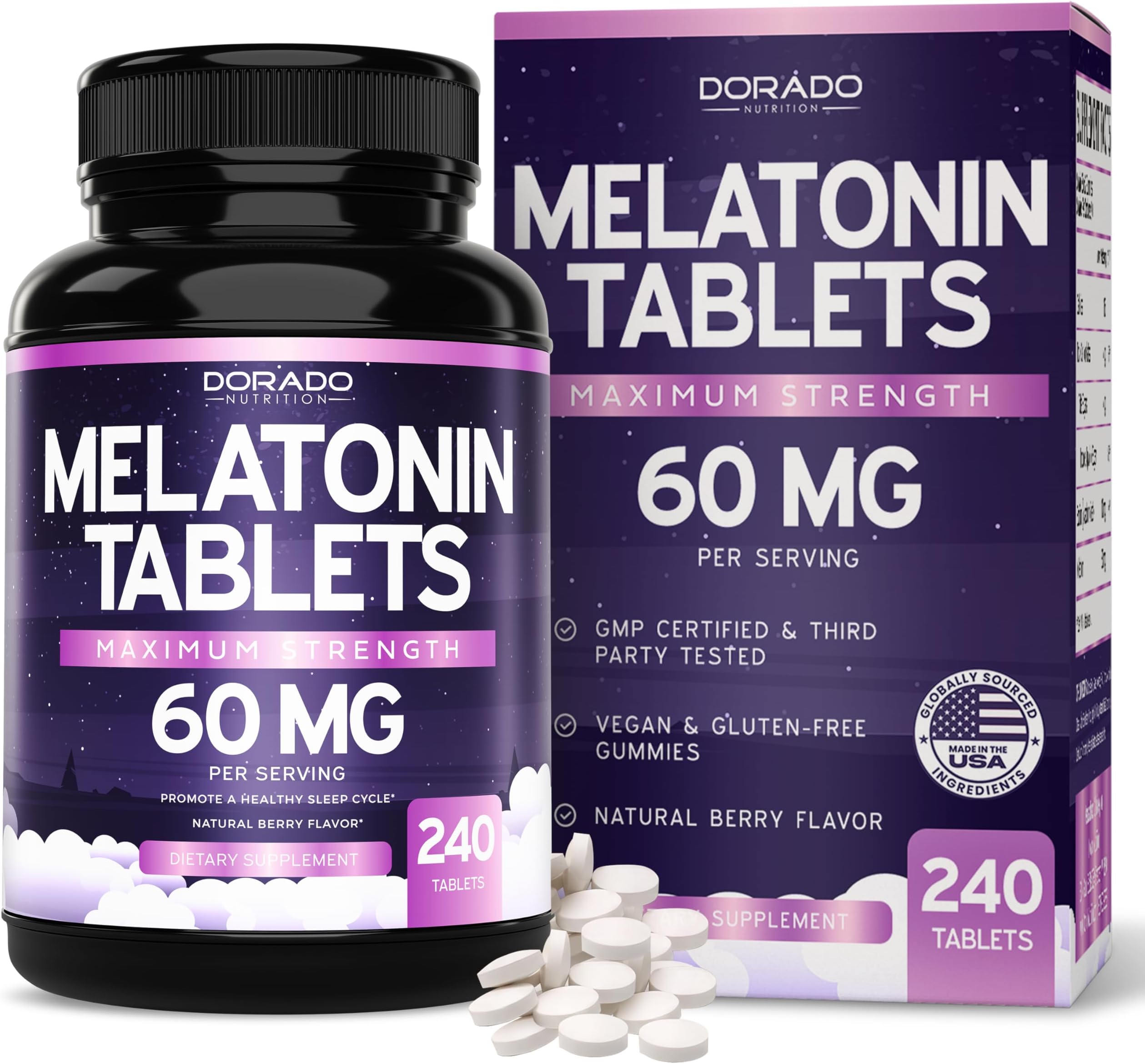 Melatonin 60mg Complex Tablets for Adults (240 Count) - Fast Dissolve Tablets - Extra Strength Support - Gluten-Free, Non-GMO, 100% Vegetarian, & Great Tasting - Mixed Berry Flavor - 240 Tablets