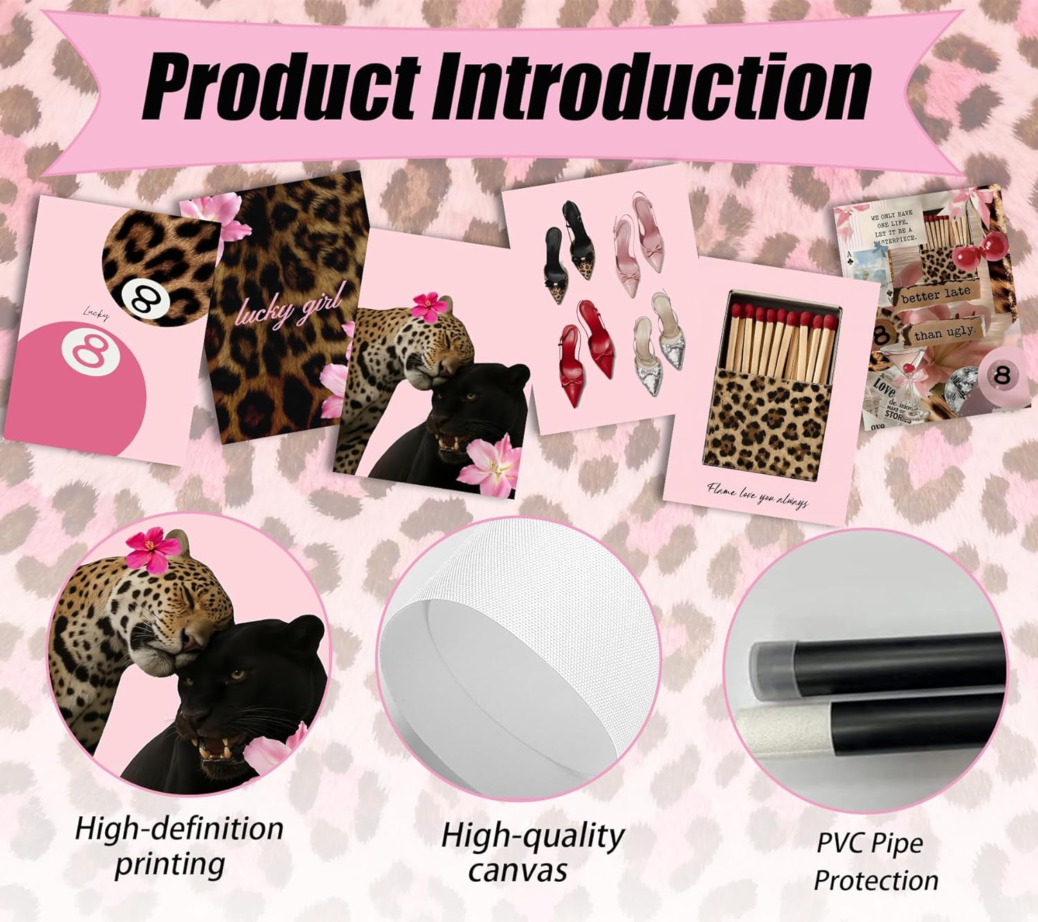 6Pcs Trendy Pink Leopard Canvas Wall art Preppy Y2K Posters Print Artwork Fashion Cheetah Flowers Painting Pictures Wall Decor for Girls' Room Dormitory Apartment Home Decoration 12x16in Unframed