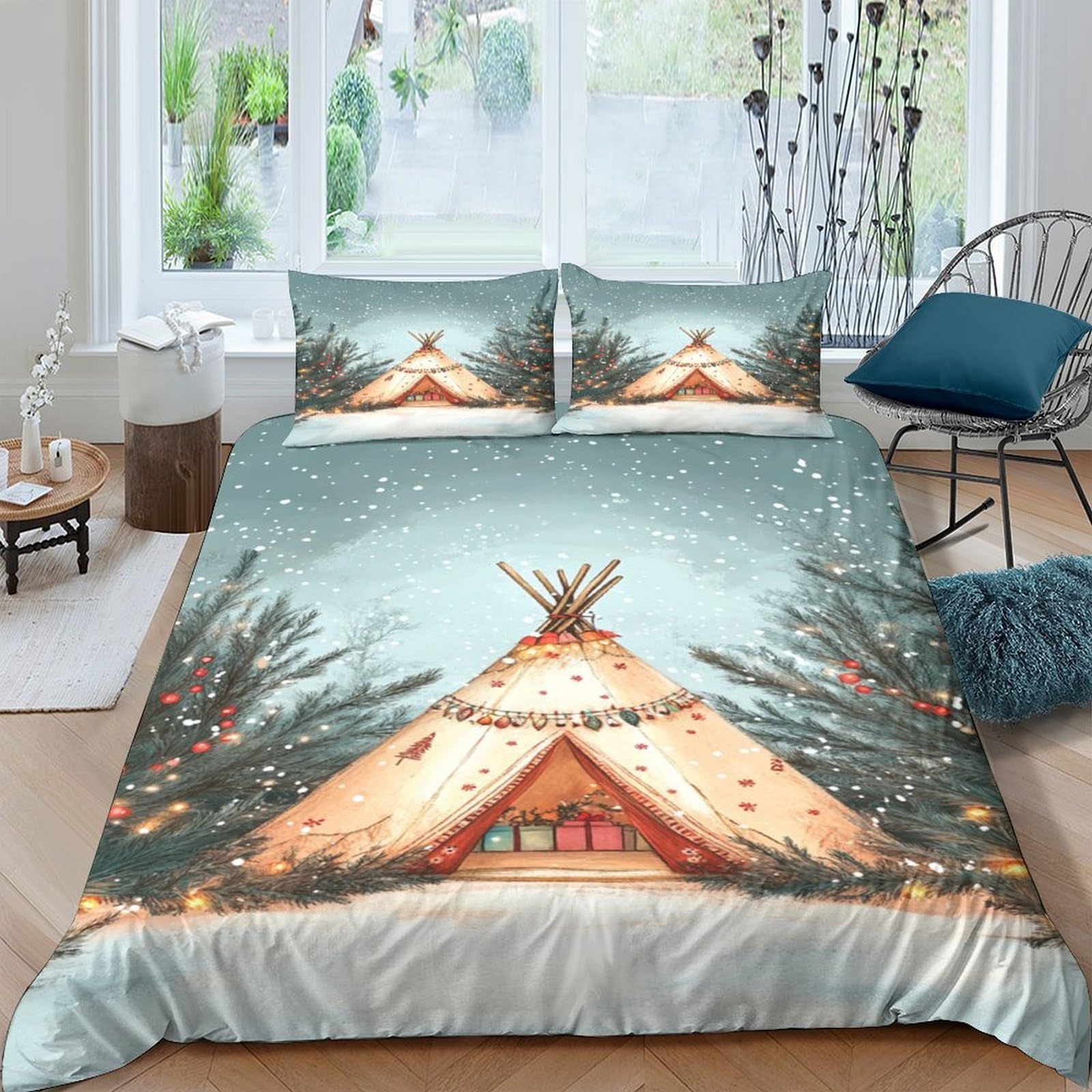 Housse de couette chalet de montagne sous la neige pour déco de chambre cocooning