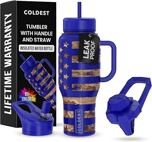 Coldest Vaso con asa y popote, aislado, 100% a prueba de fugas, con tapa y popote (3 tapas), de acero inoxidable, unisex, apto para portavasos, 36