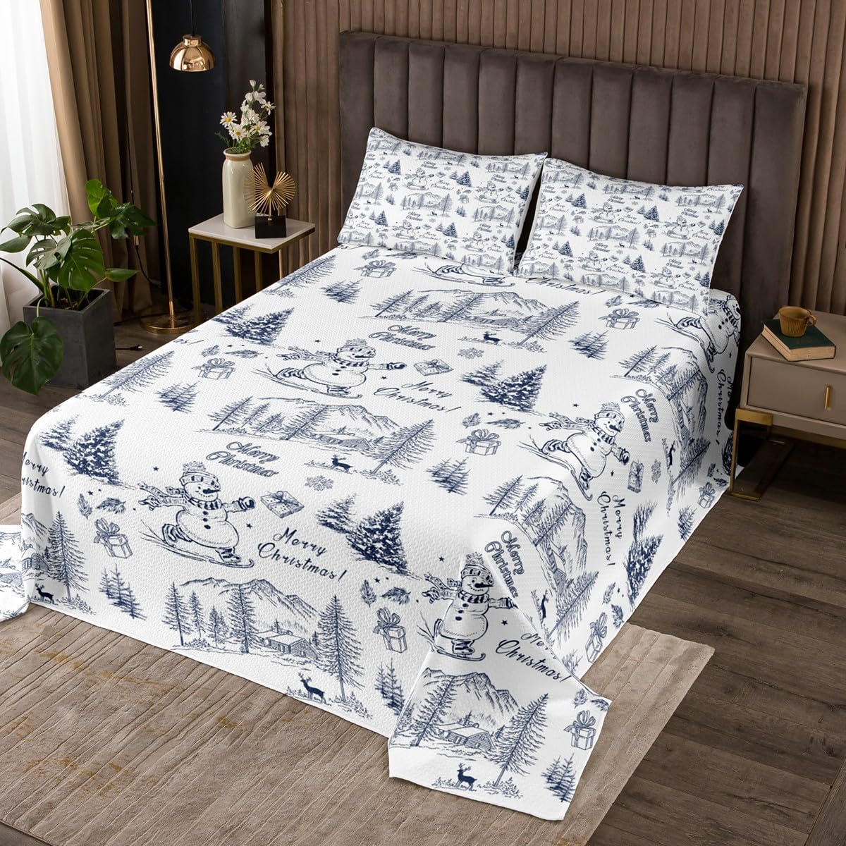 Erosebridal Christmas Quilt Set King, Blue Christmas Tree Snowman Printed Bedspread Set for Adults Teens Kids, Winter Village Coverlet Set, Xmas