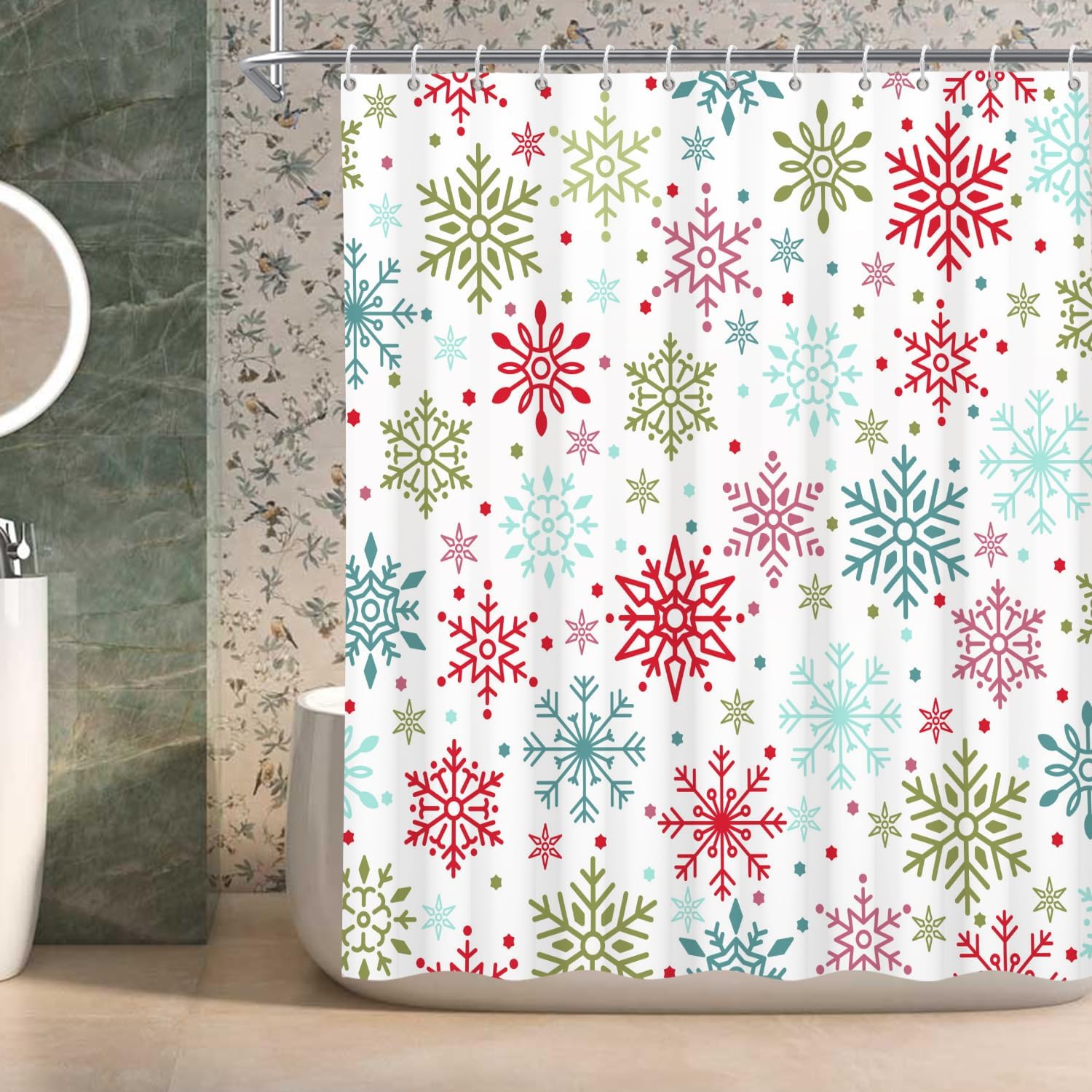 Abstract Snowflake Shower Curtain Boho Mid Century Snowflakes Shower Curtains Winter Christmas Red Blue Green Shower Curtain Sets for Bathroom Extra Long 72x84 in with 12 Hooks