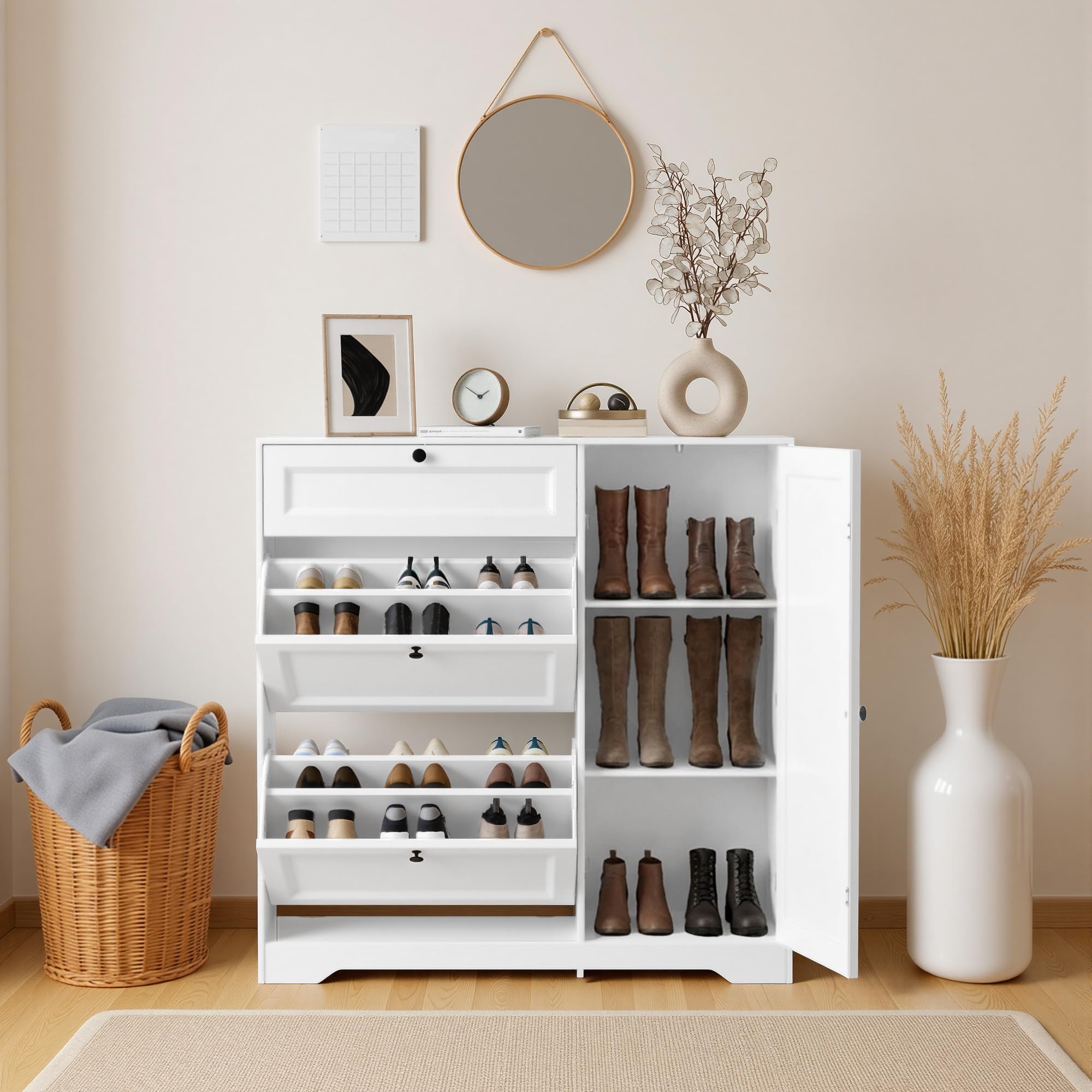 Xbro Zapatero Entrada Recibidor, Mueble Zapatero de Madera con 2 Puertas Abatibles y Armarios, Zapatero Estrecho Entrada Recibidor para Pasillo y Salón, Medidas 100×30×102cm Blanco