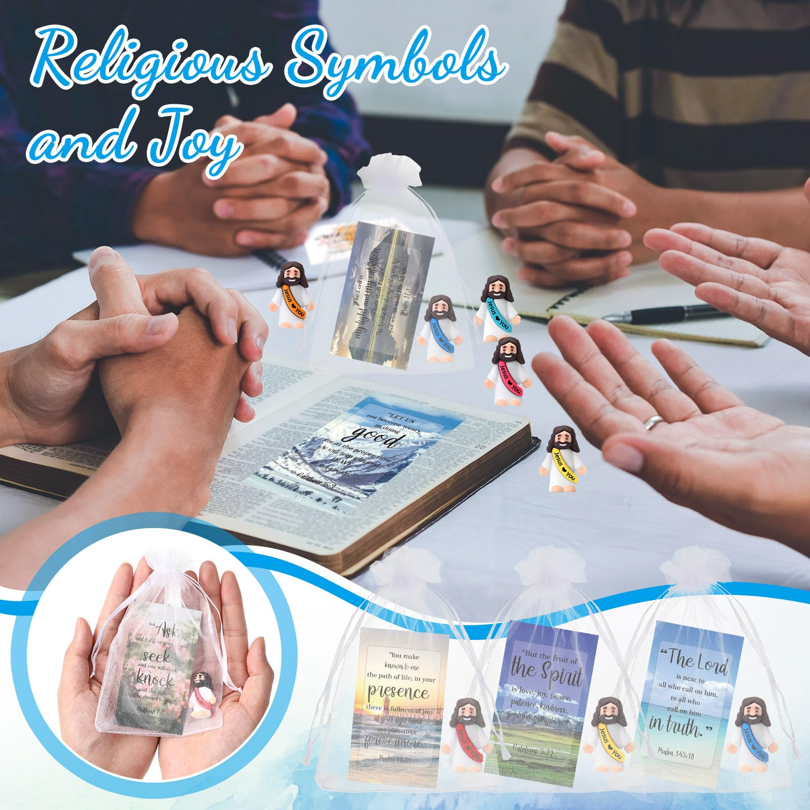 Bememo 50 Sets Christian Gifts Bulk Bible Verse Cards Include Little Jesus Figures Prayer Cards and Organza Bags for Religious Party Favors Sunday Baptism Gifts(Landscape Style,Bright)