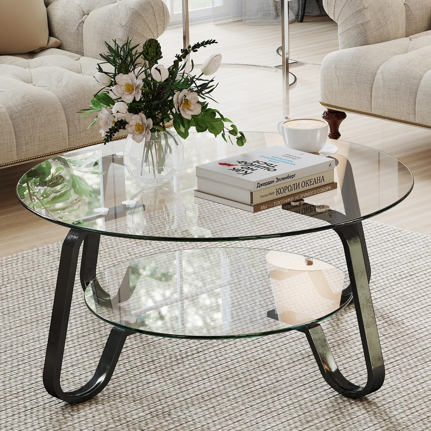 Rovibek Round Glass Coffee Table, 31.5 Modern Glass Coffee Tables with Storage and Metal Frame, 2-Tier Tempered Glass Top Small Center Table for Living Room, Easy Assembly, Black