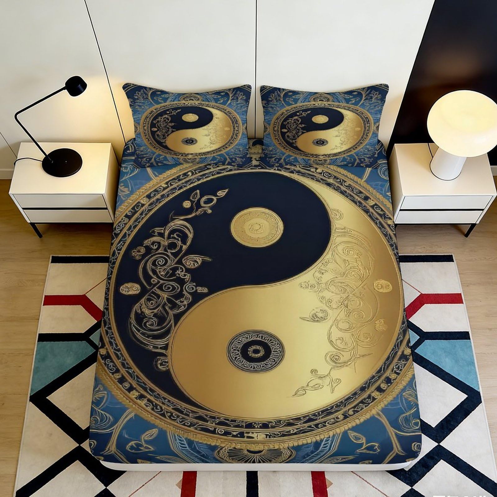3D Printed Yin Yang Symbol Fitted Sheet Microfiber Soft Durable Blue Gold Bed Cover for Bedroom Dormitory Guest Room Mattress Protection Decor 160x200x25cm