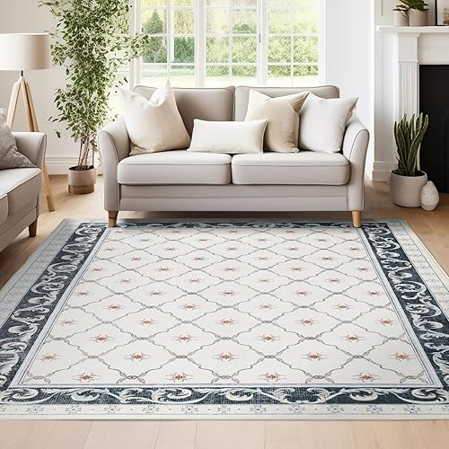 jinchan - Alfombra delgada 4 x 6 pies, lavable, antideslizante, con borde, de diseño geométrico de celosía marroquíazulejo floralcampestre, para