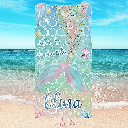 Toallas de playa personalizadas de gran tamaño para niños y bebés, toallas de playa personalizadas de sirena con nombre, toalla de playa de secado