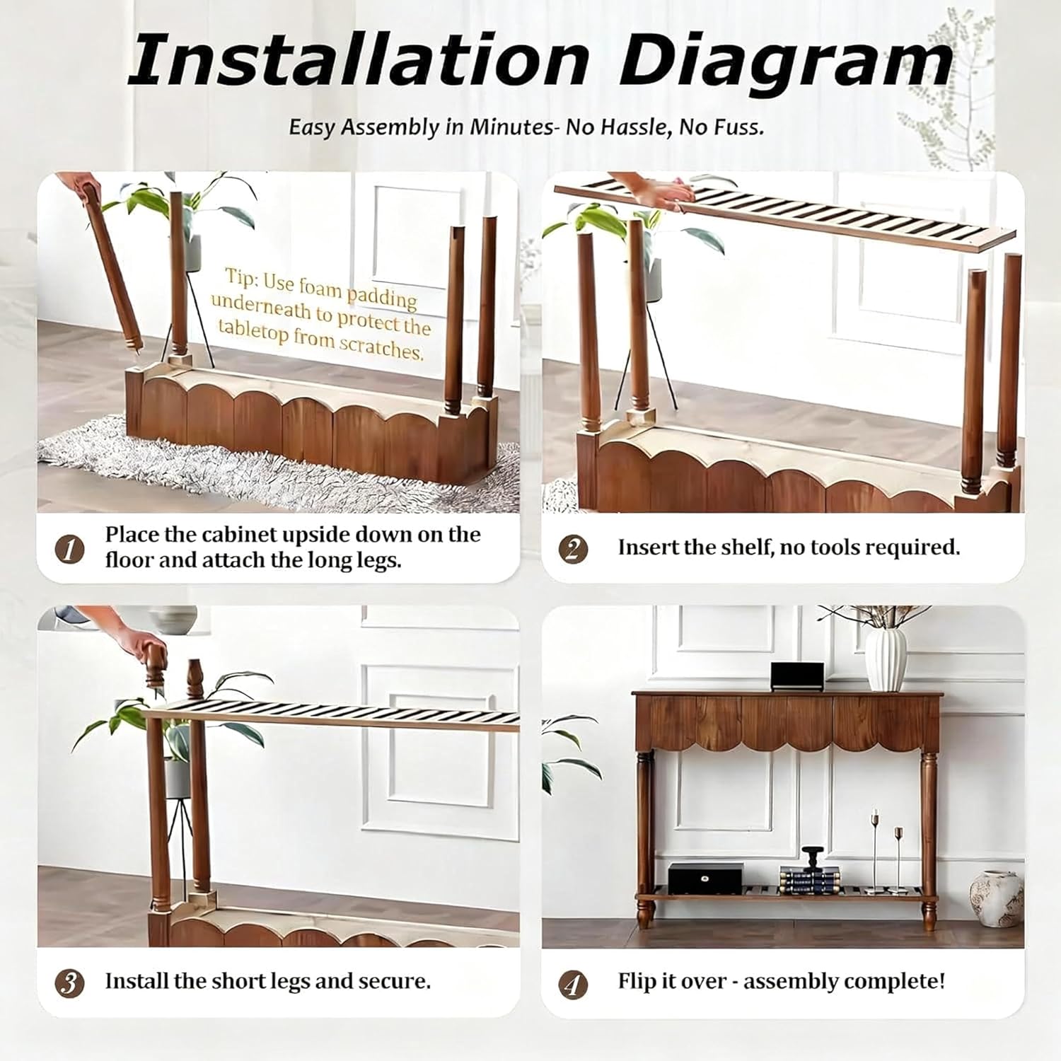 Wood Scalloped Console Table with 2 PCS Drawers, Narrow Entryway Table with Storage Shelf, Mid-Century Hallway Accent Table, Behind Couch Sofa Table for Living Room (33" - 2 Drawers)
