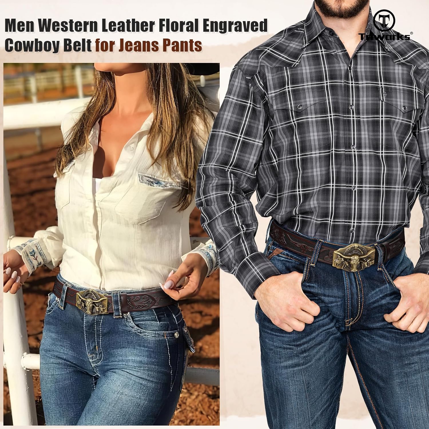 TRIWORKS Western Leather Belt for Men Cowboy Cowgirl Belt for Jeans - Image 4