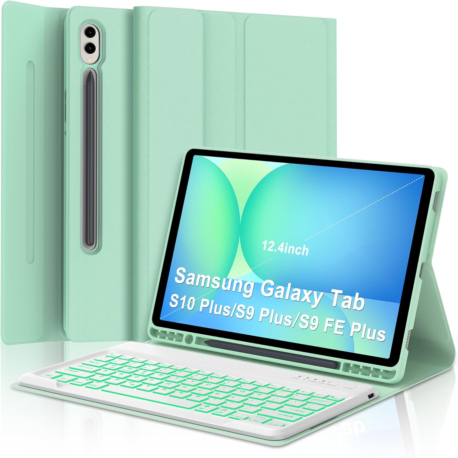 Keyboard Case for Samsung Galaxy Tab S9 Plus/S10 Plus 12.4 Inch, 7-Color Backlit with S Pen Holder, Magnetic Detachable Wireless Keyboard for Samsung Tab S10 Plus/S9 Plus (Glass Green)