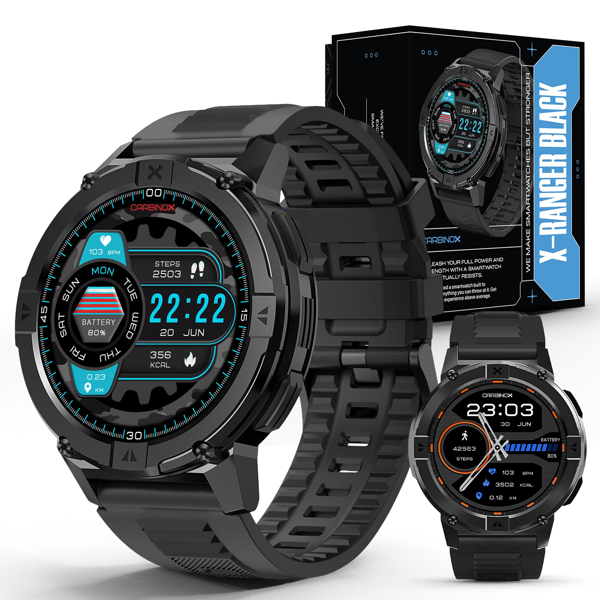 CARBINOX X-Ranger Smart Watch (Answer/Make Calls), Rugged Fitness Tracker IP69K Waterproof, Compatible with Android and iOS, 14 Days of Battery Military Durable, AMOLED Screen
