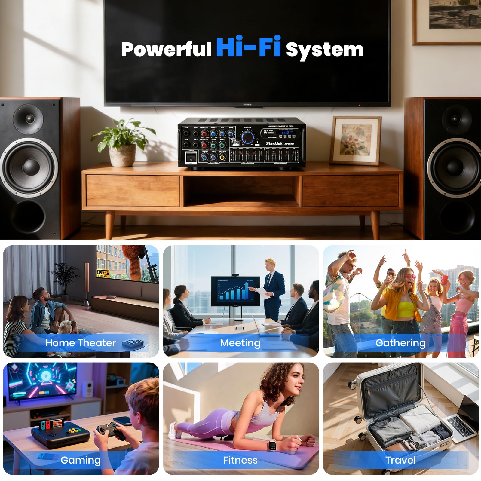 Amplificateur HiFi Stéréo Bluetooth 600W Ampli Bluetooth avec Télécommande | 2 Canaux avec Égaliseur 5 Bandes, Récepteur Audio HiFi, FM USB SD AUX, Amplificateur Audio Karaoké pour Home Studio,AC/DC 12V