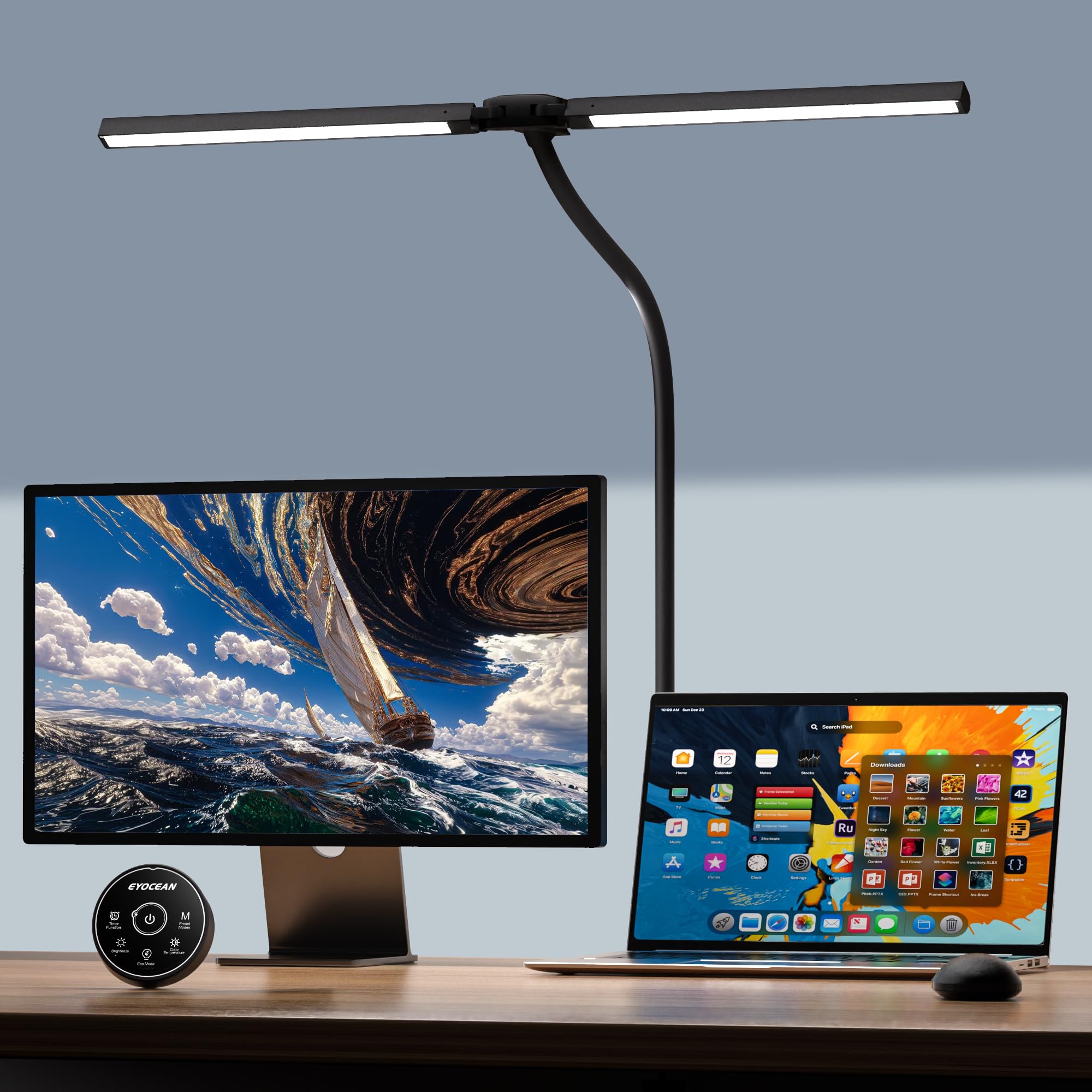 EYOCEAN Schreibtischlampe, Doppelkopf Schreibtischlampe Klemmbar, 16W 72cm Tageslichtlampe Schreibtisch mit Fernbedienung, Dimmbare Monitor Lampe, Schwanenhals Büro Tischlampe, Augenschutz Klemmlampe